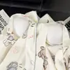 Pijama a rayas blanco lechoso con estampado de cachorro para mujer, algodón nube, corte holgado, talla grande, ribete azul, cuello de solapa, manga larga, pantalón largo, conjunto para el hogar