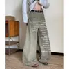 Jeans Feminino Retro Americano com Estampa de Letras Scimitar Wide-Leg Solto Reto Casual Khaki Longo