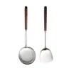 Aço Inoxidável 304 Cabo de Noz Cabo Longo Colher Grande Colher de Sopa Doméstica Atacado Utensílios de Cozinha com Cabo de Madeira Escorredor Colher para Panela Quente