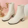 Nuevas botas calcetín de talla grande de estilo europeo y americano para otoño e invierno para mujer, botas sin cordones de punto volador con tacón grueso, talla 43, botas de tacón alto hasta la mitad de la pantorrilla transfronterizas