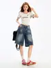 Shorts de Mezclilla Anchos de Tiro Bajo Vintage Desgastados para Mujer, Verano 2026, Shorts de Longitud Media Rectos Sueltos de Línea A de Moda