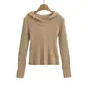Suéter de Punto Gris con Capucha Estilo Perezoso para Mujer Otoño Nuevo Camiseta Interior Base Suéter de Manga Larga Ajustado