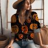 Camisa de calabaza creativa de Halloween para mujer, nueva camisa de manga larga con botones y estampado digital 3D a la moda