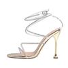 Sandalias Peep-Toe con Pedrería Estilo Discoteca Europea para Mujer, Zapatos de Tacón Alto con Cordones Estilo Hada, Zapatos de Tacón Medio de Moda Tendencia para Mujer