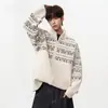 Suéter Jacquard Fair Isle Americano con Cuello Alto para Hombres y Mujeres Otoño Invierno Holgado Sensación Perezosa Cárdigan con Doble Cremallera Ropa de Abrigo