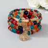 Pulsera de Pulsera con Colgante Redondo de Árbol de la Vida Hueco Bohemio Elástica Multicapa con Cuentas