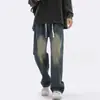 Calça Jeans Masculina Retrô Primavera Outono 2026 Americana Perna Larga Casual Longa Cordão Versátil Solta Lavada Perna Reta