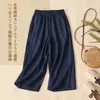 Camisa artística vintage de algodão e linho bordada de manga três quartos, conjunto de duas peças para o verão para mães, top liso e calça pantalona para mulheres