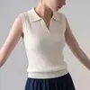 Regata feminina slim fit sem mangas com gola polo, chique e elegante, estilo francês, top fresco e respirável de seda gelo para o verão