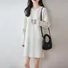 Vestido de punto para mujer 100% lana pura con cuello redondo, nuevo diseño de manga larga murciélago para otoño e invierno, vestido de color liso de longitud media