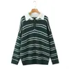 6759-25 Novo Estilo de Verão Estilo Retro Francês Moda Casual Listrado Preguiçoso Gola Lapela Pulôver Malha Solta