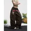 Calça Cargo Wide Leg com Estampa de Letras Retro Americana para Mulheres, Novo Estilo de Verão, Cintura Elástica Solta, Calça para Paraquedista de Perna Reta