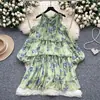 Vestido Estampado de Luxo Leve de Alta Qualidade Estilo Europeu e Americano para Mulheres, Outono, Ombro a Ombro, Manga Bufante, Babado, Caimento Solto, Comprimento Médio
