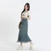 Saia jeans vintage estilo francês com franjas e fenda, saia midi A-line de cintura alta nova, moderna e versátil para mulheres