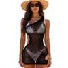 Comercio Electrónico Transfronterizo Estilo Europeo y Americano Lencería Sexy Vestido de Malla con Corte en un Hombro Minifalda Bodycon Sexy con Corte Lateral