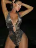 Traje de baño de una pieza brillante de moda europea y americana, sexy escote en V profundo, espalda descubierta con tiras, traje de baño de una pieza estampado en dorado