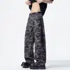 Jeans masculino camuflado estilo americano da moda de outono, versátil, folgado, moderno, high street, cool, calças de perna reta e perna larga