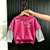 Conjunto de dos piezas estilo coreano para niñas a rayas, camiseta de manga larga de algodón puro, nueva colección de otoño, top elegante y versátil para niños mayores