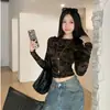 Camiseta corta de camuflaje de manga larga estilo americano con cuello múltiple, chica picante, versátil de otoño, corte ajustado, top dulce y fresco para el hombro derecho para mujer