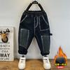 Pantalones vaqueros de terciopelo de una pieza plateados para niños, ropa de otoño e invierno, pantalones casuales elegantes con forro polar para niños, pantalones de moda para niños de talla pequeña y mediana