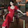 Vestido de compromiso rojo fino de alta gama con textura francesa vintage romántico para niños verano