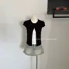 Camiseta Curta de Manga Curta com Bloqueio de Cores Estilo Coreano, Gola Redonda, Falsa Peça Dupla, para Mulheres, Novo Design de Verão, Ombro Normal, Manga Curta, Ajuste Slim