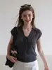 Top corto de verano para mujer, tejido de manga corta, con cordones en V, hueco, estilo coreano, entallado en la cintura, adelgazante, sin mangas, de seda helada 10620