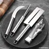 Set de Cuatro Piezas de Acero Inoxidable para Piña Cuchillo para Piña Cortador de Plátano Casero Cuchillo Pequeño Curvo Cuchillo para Caña de Azúcar Pinza para Piña Extractor de Ojos de Piña