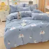 Juego de Cuatro Piezas de Algodón Cepillado Espeso Fresco y Sencillo para Dormitorio, Sábana Amigable con la Piel, Funda de Edredón, Funda de Colcha de Algodón Lavado, Juego de Cama de Tres Piezas