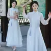 Nuevo vestido de té de estilo nacional mejorado estilo chino para mujer, vestido Zen, vestido de gasa, blanco con flecos azules, Sudeste Asiático