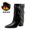 Botas de Caballero hasta la pantorrilla Otoño/Invierno Nuevo Estilo Adelgazantes Punta Fina Tacón Alto Botas Tacón Grueso Hebilla Estilo Funda para Pantalón Botas para Mujer