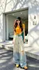 Conjunto Esportivo Casual Estilo Preguiçoso para Mulheres Verão Top Soltinho de Manga Curta Listrado Calça Longa de Pernas Largas Conjunto de Duas Peças