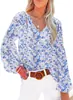 Nueva Ropa Europea y Americana para Mujer Otoño/Invierno Top de Gasa con Cuello en V Manga de Linterna Floral Salpicadura de Sangre Camisa de Gasa para Mujer