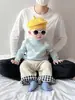 Ropa de punto linda para niños Otoño e Invierno Traje de punto azul blanco Moda para niño pequeño Cálido Empalme Pantalones rectos