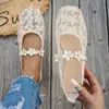Zapatos planos de malla con estampado floral transfronterizo y punta redonda, estilo europeo y americano, diseño delicado, modelo nuevo con tiras bordadas, zapatos de verano de corte bajo para mujer