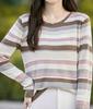 Primavera e Outono Novo Estilo Doce e Gentil Bloco de Cores Listrado Tricotado Camiseta de Base Feminina Gola Redonda Suéter Fino Top Exterior
