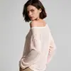 Top de Verano Otoño Azul para Mujer Cubre-traje Rayado Transfronterizo Estilo Perezoso Coreano Cuello Asimétrico Transpirable Manga Larga Holgado Versátil Camiseta