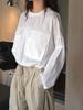 Lou Fu Otoño Nuevo Estilo Coreano Suéter de Nylon con Bolsillo Cuello Redondo Dobladillo Suelto Cordón Transpirable Top Casual para Mujer