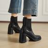 Couro de Vaca de Primeira Camada Lavado Elegante e Simples para o Dia a Dia Botas Chelsea de Salto Alto 2025 Inverno Salto Grosso Bico Redondo Couro Genuíno Botas Curtas para Mulheres