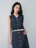 [Oferta Especial, Sin Devoluciones ni Cambios] Precio Original 249 Yuan Vestido de Mezclilla con Cuello en V Bloques de Color Cintura Expuesta Falda Larga 258622