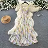 Vestido camisola tie-dye estilo resort francés para mujer, vestido largo romántico de verano con volantes y cintura ceñida adelgazante, modelo nuevo 2026