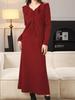 Vestido de lana de dos piezas con tirantes y volantes para otoño e invierno, estilo francés, elegante, combinable con todo, color liso, cintura ajustada y adelgazante.