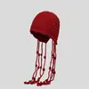 Otoño e Invierno Moda Hecha a Mano Borla Engrosada Cálida Sombrero Baotou Sombrero con Correa para Protección de Orejas de Mujer Sombrero de Lana de Color Puro Tejido