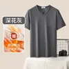 Camiseta Masculina de Fleece de Manga Curta V-Neck Cor Sólida Camisa Base Aquecida Espessa Nova Roupa de Outono Algodão de Inverno Manga Meia Tendência