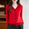 Cárdigan de punto con bloques de color y cuello azul marino 100% lana para mujer, Primavera y Otoño, Adelgazante, Versátil, Ropa exterior casual