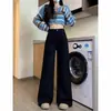 Nuevos pantalones de pierna ancha de cintura alta para otoño e invierno para mujer, adelgazantes y que alargan las piernas, estilo americano, talla petite, jeans negros de corte holgado