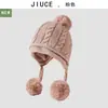 Chapéu de Tricô de Pelo de Coelho de Inverno para Mulheres, Proteção para Orelhas, Forrado com Fleece, Quente, Tricô em Ponto Trançado, Três Pompons, Estilo Coreano, Simples, Versátil, Faz o Rosto Parecer Menor