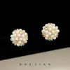 Chapado Eléctrico en Oro Real, Pendientes Pequeños y Exquisitos de Perla con Circonita, Pendientes de Flor Retro Agrupada con Aguja de Plata, Pendientes Simples y Versátiles
