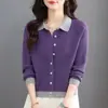 Cardigã de tricô feminino com blocos de cor e gola de lapela, um novo estilo primavera/outono que te deixa mais jovem e magra, com modelagem solta, comprimento curto e design moderno.