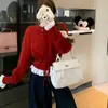 Ropa de Año Nuevo Suéter Rojo Mujer Invierno Dulce Puntada de Encaje Tejido de Punto de Encaje Cintura con Cordón Manga Larga Top